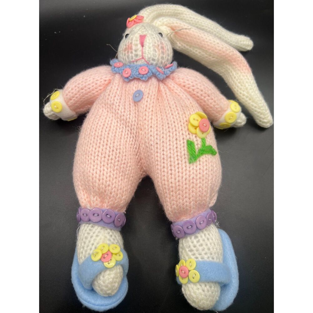 Ganz Easter Bunny Plush Crochet Knit Pink Jumpsuit Button Detail Wired Ears 12"